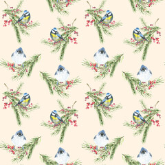 Watercolor Christmas beige seamless pattern. Winter flowers, poinsettia, holly berry, pine cone, bird,  blue tit evergreen branch,berry illustration.New year, xmas print, fabric,textile,scrapbooking