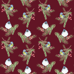 Watercolor Christmas red seamless pattern. Winter flowers, poinsettia, holly berry, pine cone, bird, evergreen branch,twig, berry illustration.New year, xmas print, fabric,textile,scrapbooking