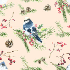 Watercolor Christmas beige seamless pattern. Winter flowers, poinsettia, holly berry, pine cone, bird,  blue jay evergreen branch,berry illustration.New year, xmas print, fabric,textile,scrapbooking