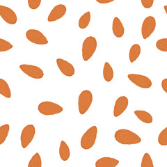 Seeds seamless pattern. Ripe nut kernels with green leaves. For packaging cosmetics, milk, specks, cookies, pastries. Background for promotional products, wrapping paper and banners. Vector