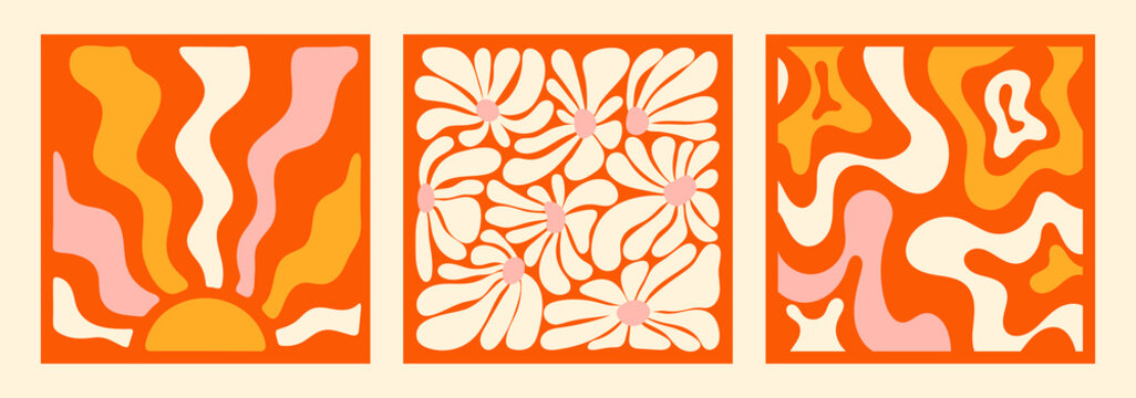 Hippie fun gift card squared template set. Retro flower power background. Vintage 1970s floral squared poster. 1960s nostalgic groovy vector illustration.