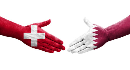 Handshake between Switzerland and Qatar flags painted on hands, isolated transparent image.