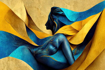 Vibrant body art of a woman wrapped in blue and gold, symbolizing grace and movement, perfect for creative expression themes.     generative ai