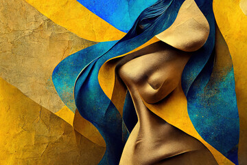 Abstract art of woman's silhouette blending with golden and blue leaf textures, conveying elegance and fluidity in body art      generative ai