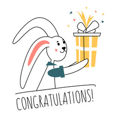 The rabbit smiles while holding a gift. Vector illustration on the theme of the holiday. Funny postcard.