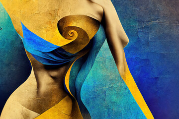 Abstract art of woman's silhouette blending with golden and blue leaf textures, conveying elegance and fluidity in body art    generative ai