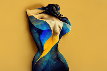 Abstract art of a woman's body painted in vibrant blue and gold, melding with swirling shapes, perfect for modern decor themes   generative ai       