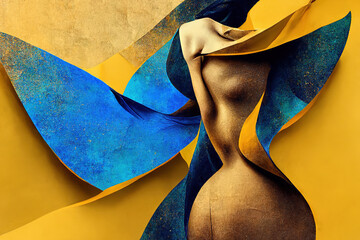 Abstract art of woman's body painted in blue and gold hues, symbolizing beauty and elegance in a surreal composition.   generative ai    