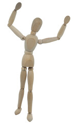 Title: Wooden figure in standing position with arms raised