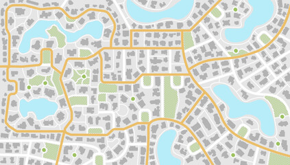City top view. View from above the map buildings. Gps map navigation to own house. Detailed view of city. Decorative graphic tourist map. Abstract transportation background. Vector, illustration.