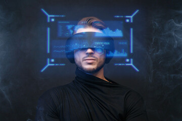 Progress bar loading. Man with futuristic tablet in hand. Guy using VR glasses. Augmented reality, future technology concept. Futuristic holographic loading interface.