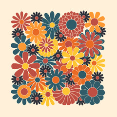 Hippie fun background. Retro flower power squared gift card template. Vintage 1970s floral poster. 1960s nostalgic groovy flat vector illustration.