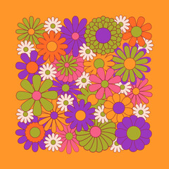 Fototapeta na wymiar Hippie fun background. Retro flower power squared gift card template. Vintage 1970s floral poster. 1960s nostalgic groovy flat vector illustration.
