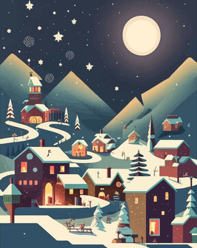 Vector illustration of a small village at Christmas