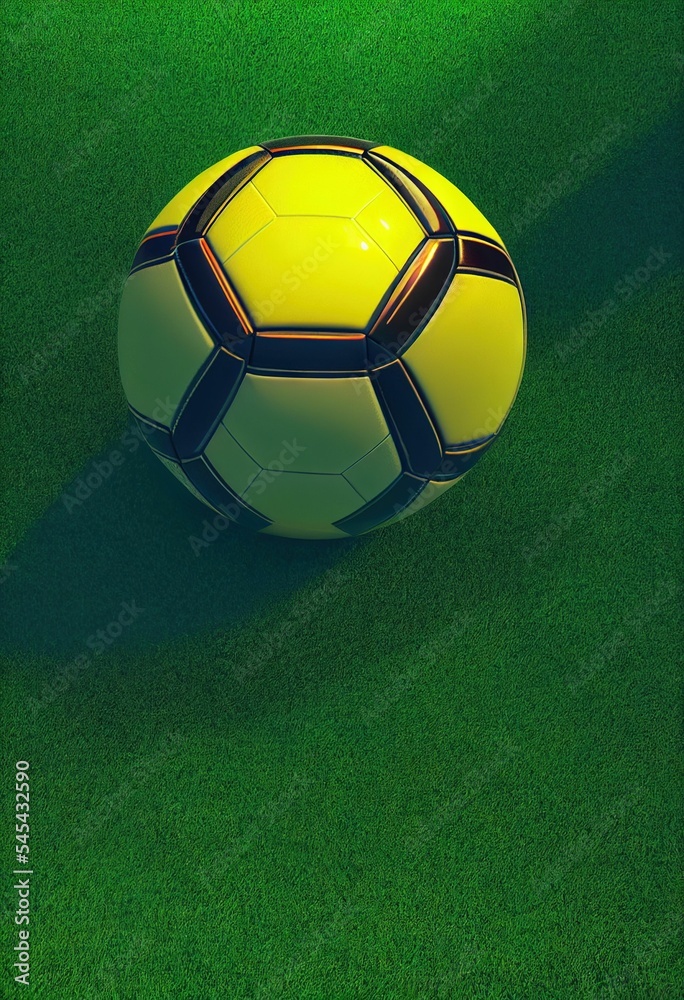 Poster 3D digital render of a neon yellow black soccer ball on a green field