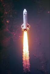 Naklejka premium 3D digital render of spaceship rocket launching into space with a fire trail
