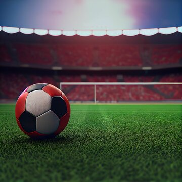 3D digital render of a red white black soccer football on a green field in a full stadium at a game