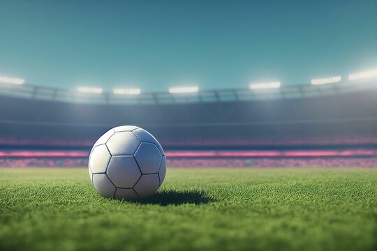 3D digital render of a white soccer football on a green field in a full stadium at a game