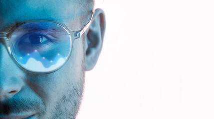 Male in glasses with futuristic holographic interface to display data. Portrait of beautiful young...