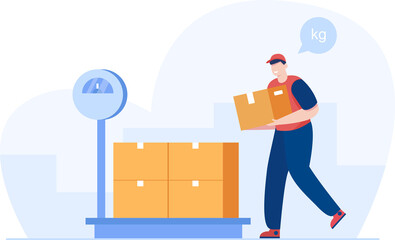 Warehouse worker checking weight of delivery. Vector illustration