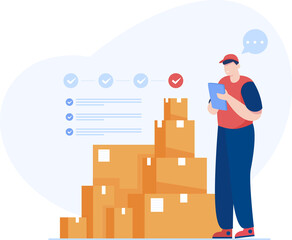 Warehouse worker checking cardboard boxes preparing goods for dispatch. Vector illustration