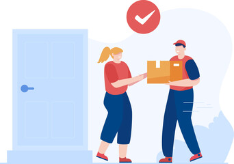 Fast delivery service. Delivery man giving box to customer door. Vector Illustration