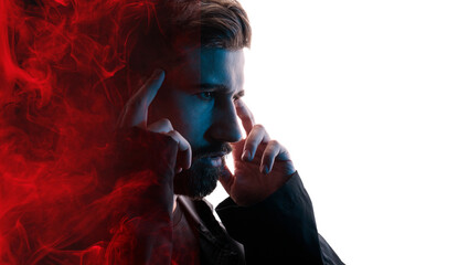 Male portrait with double exposure. The mysterious man uses the power of the brain. The concept of...