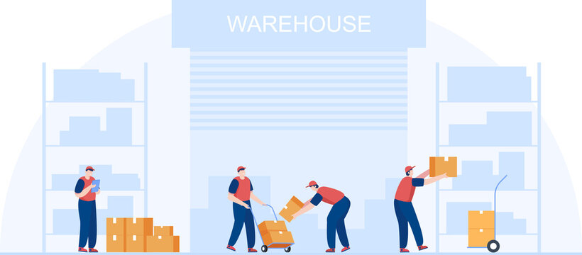 Employees working at warehouse. Vector illustration