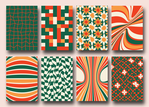 Vector set of Groovy hippie 70s Christmas backgrounds. Checkerboard, chessboard, mesh, waves patterns. Twisted and distorted vector texture in trendy retro psychedelic style. Y2k aesthetic.
