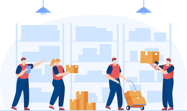 A person working in a warehouse. Employees sort boxes on carts. Vector illustration