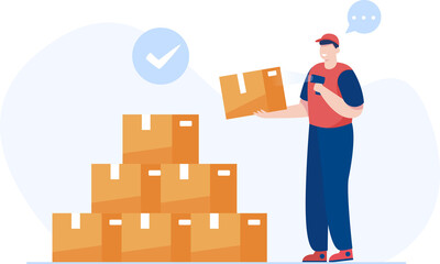 Warehouse Worker scanning parcel barcode. Vector Illustration