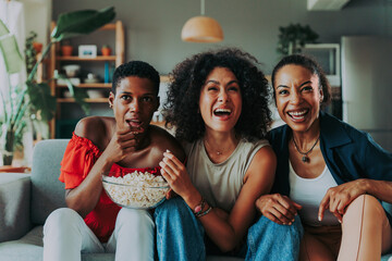 Three mixed race hispanic and black women bonding at home - Multiracial group of happy young female...