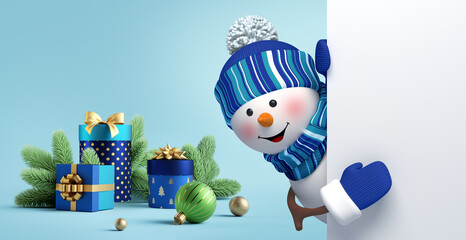 3d render. Christmas banner. Cute funny snowman wears blue cap and striped scarf, looks out the corner with gift boxes and festive ornaments. Happy New Year greeting card
