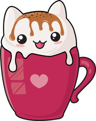 Cute kawaii cartoon character of a kitten in a mug with coffee