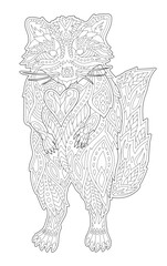 Line art for coloring book with hand drawn raccoon