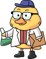 Cute kawaii scientist little duck clipart with glasses, holding a chemical potion