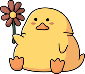 Cute kawaii little duck clipart holding a pink flower