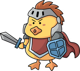 Cute kawaii little duck clipart with a sword and shield