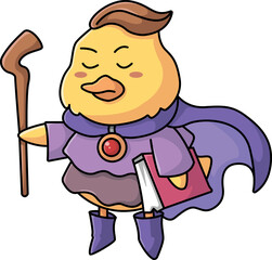Cute kawaii little duck clipart in a magician dress, holding a cane