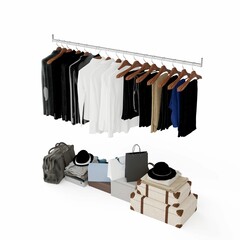 3d illustration of a collection of clothes hanging on a rack isolated on the white background