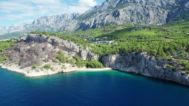 Aerial shot of a beautiful coast of Croatia, Island Hvar, rocky beach, crystal clear sea