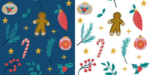 Conjunto de patrones sin fisuras de Año Nuevo y Navidad con símbolos y elementos de navidad, divertido y alegre. Fondo  vectorial de Navidad y Año Nuevo  © Laura Bustos