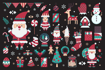 Vector set of cute Christmas icon collection design illustration on black background. Clipart collection asset with Santa Claus, Snowmen, Christmas trees. Xmas design vector set. Seamless Christmas