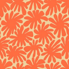 stylized orange flowers on yellow background abstract seamless repeating pattern. design for...