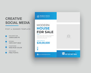 Real estate social media post banner design and home-for-sale design template.