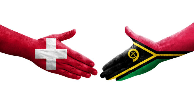 Handshake between Switzerland and Vanuatu flags painted on hands, isolated transparent image.