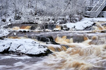 Long exposure shot of a river streaming through a forest covered by snow