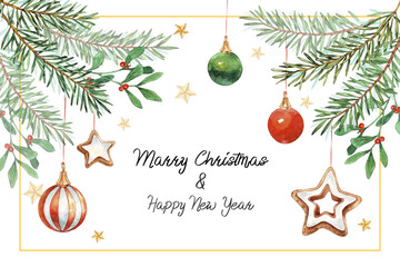 Watercolor vector Christmas banner with fir branches and place for text. Green pine, fir twigs, christmas balls, red berries, snowflakes. Christmas card.
