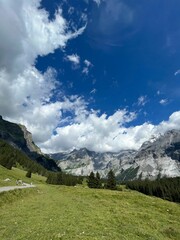 Aerial view of greenery field surrounded by mountains and dense trees