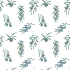 Olive branches painted in watercolor, collected in a seamless pattern. Abstract ornament of olive fruits.